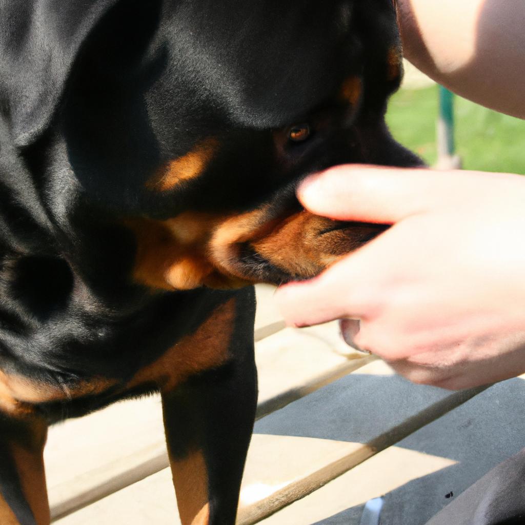Person examining Rottweiler's elbow joint