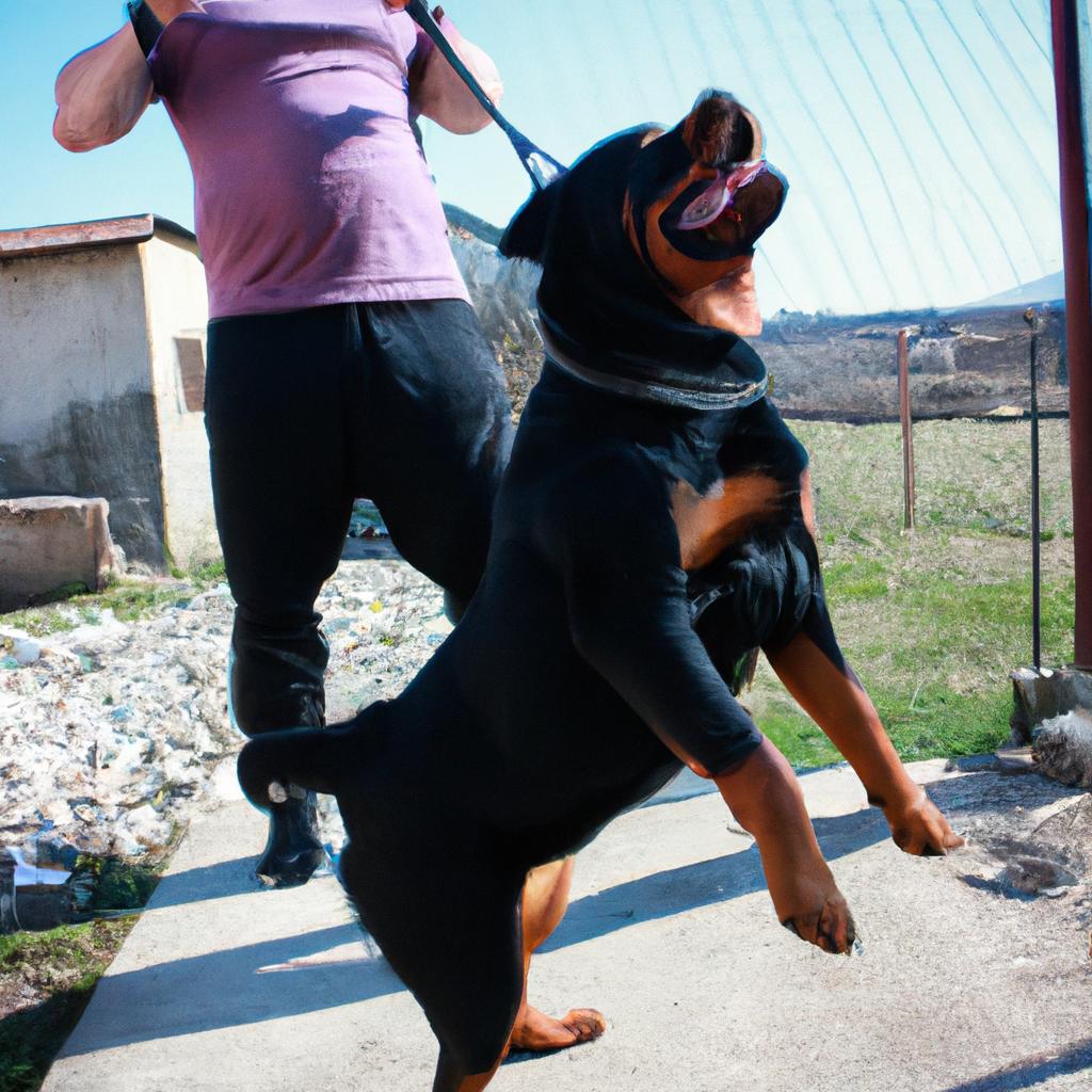 Person exercising with Rottweiler