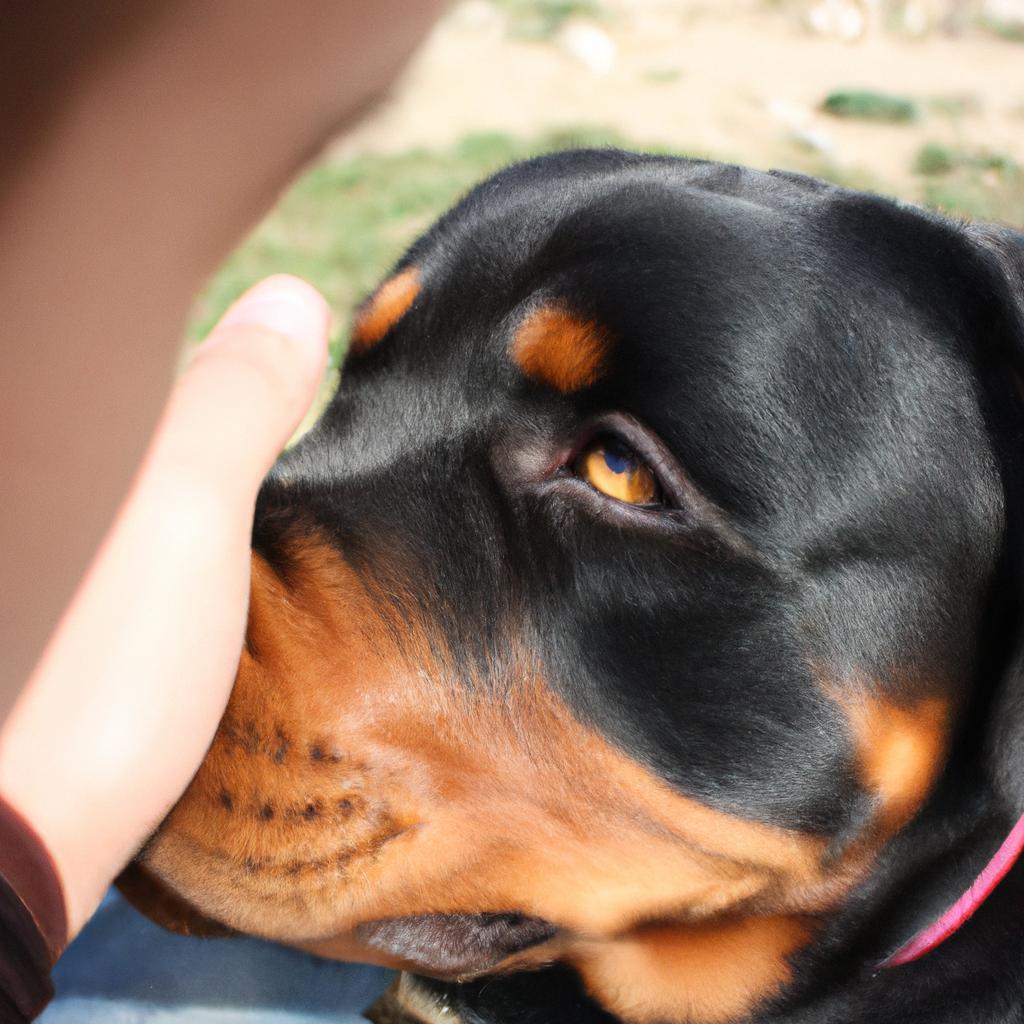 Person examining Rottweiler's eyes