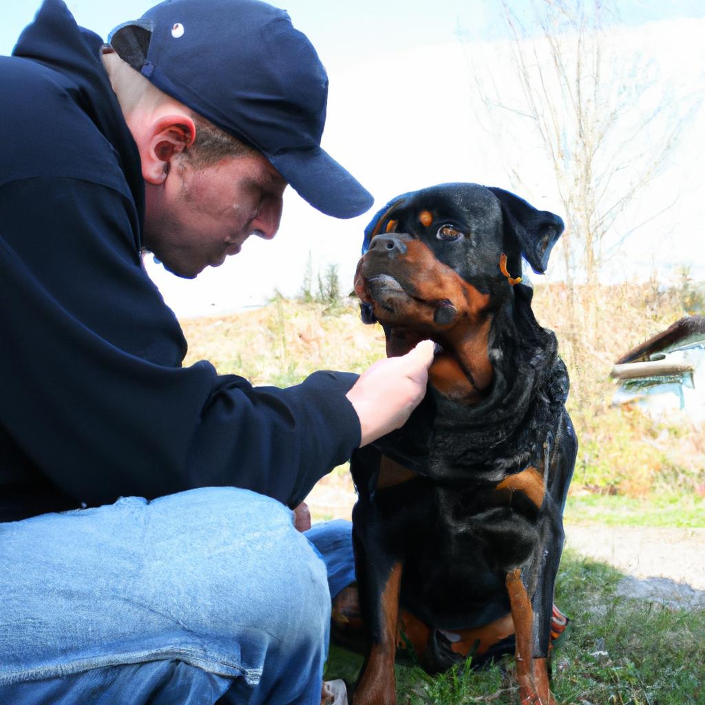 Person with Rottweiler discussing health