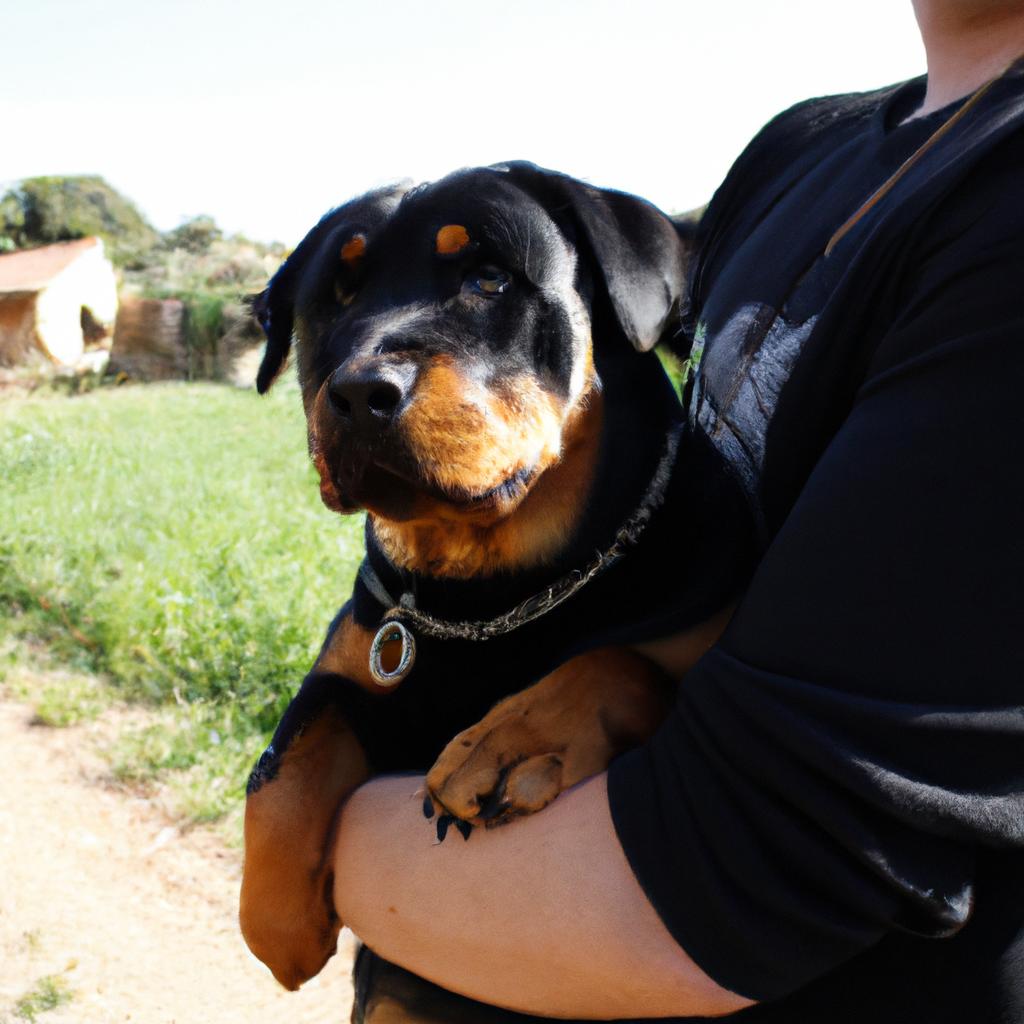 Person holding a Rottweiler dog