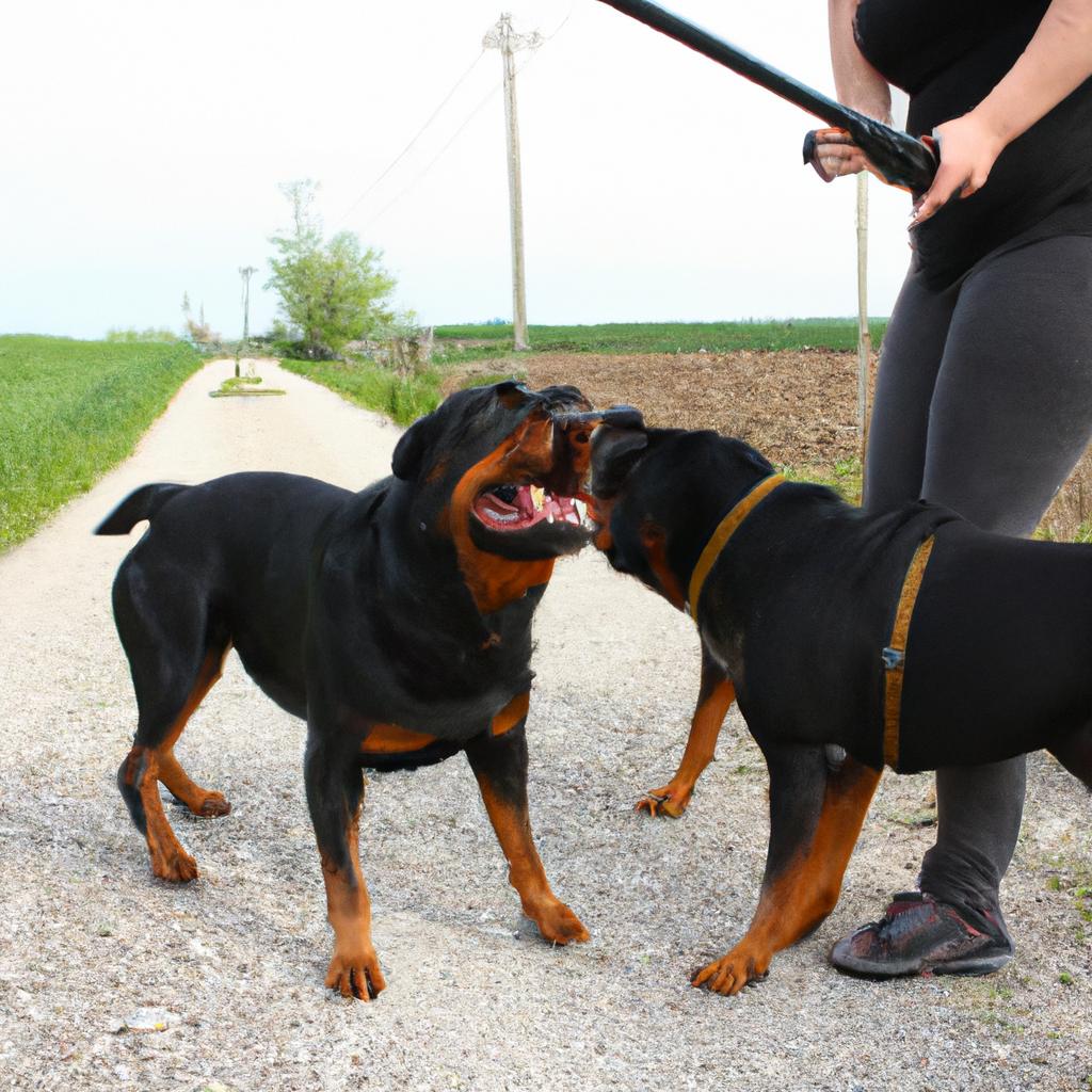 Person leash training Rottweiler dogs