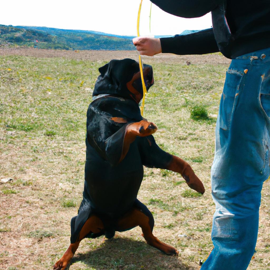 Person training Rottweiler with commands